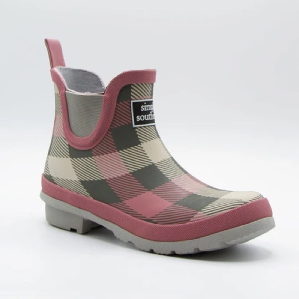 Simply Southern Gray & Pink Buffalo Plaid Rain Boots Ankle Bootie size 7